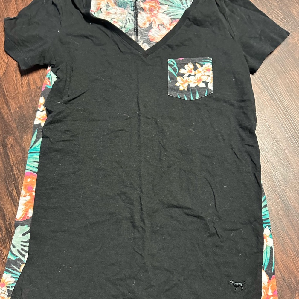 Victoria's Secret Pink Black V-Neck with Floral Detail